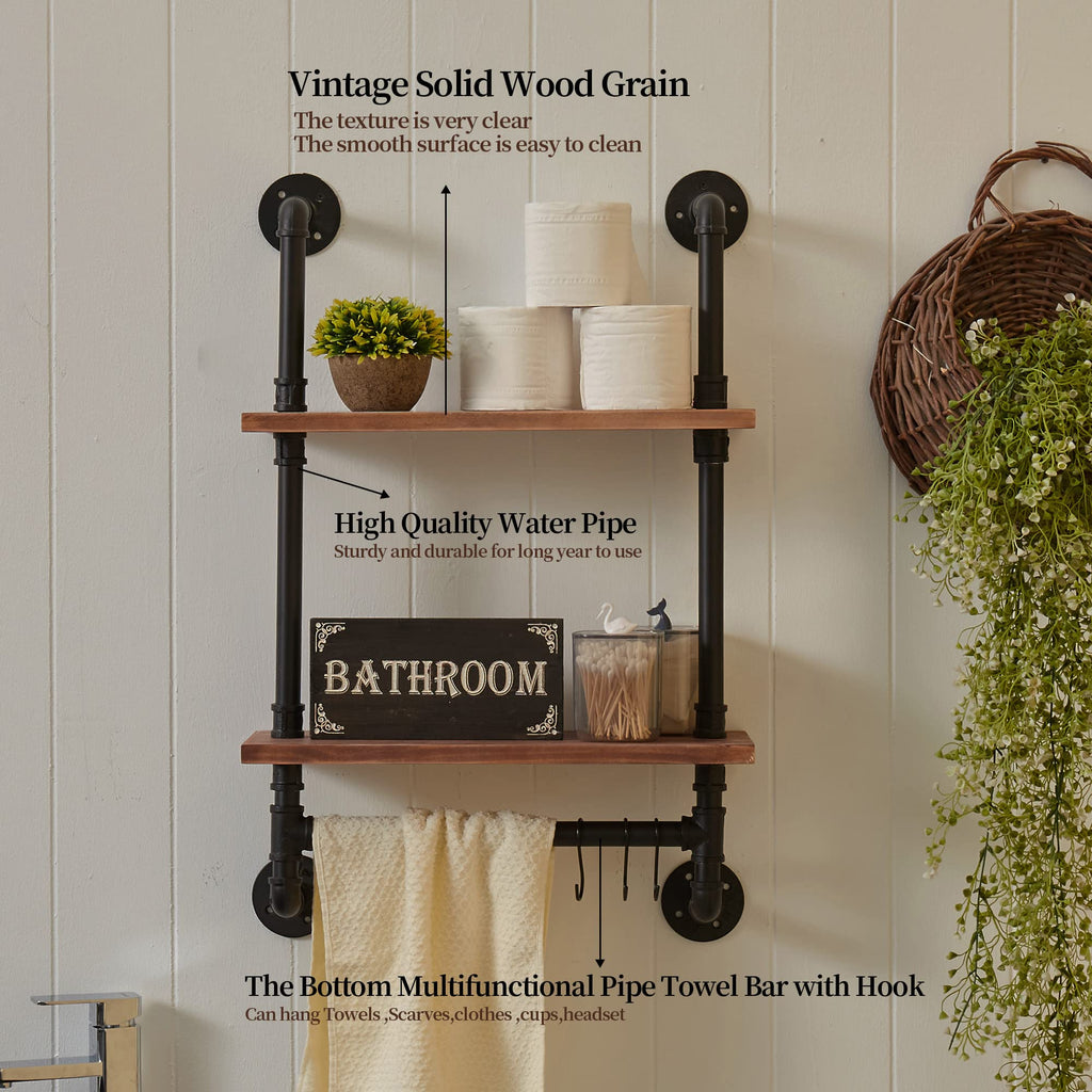 Solid Wood Industrial Pipe Floating Shelves Bathroom Pipe Shelving