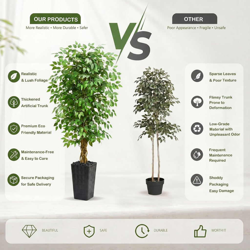 Artificial Ficus Tree 5FT Faux Floor Tree with Planter UV Resistant Potted Fake Silk Plant - Faux Trees Indoor