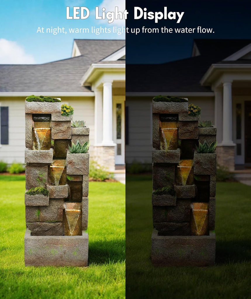 41.7" Outdoor Fountain 3 Tier Modern Water Fountains with LED Lights and Pump Outdoor Floor-Standing Rock Fountain Decor