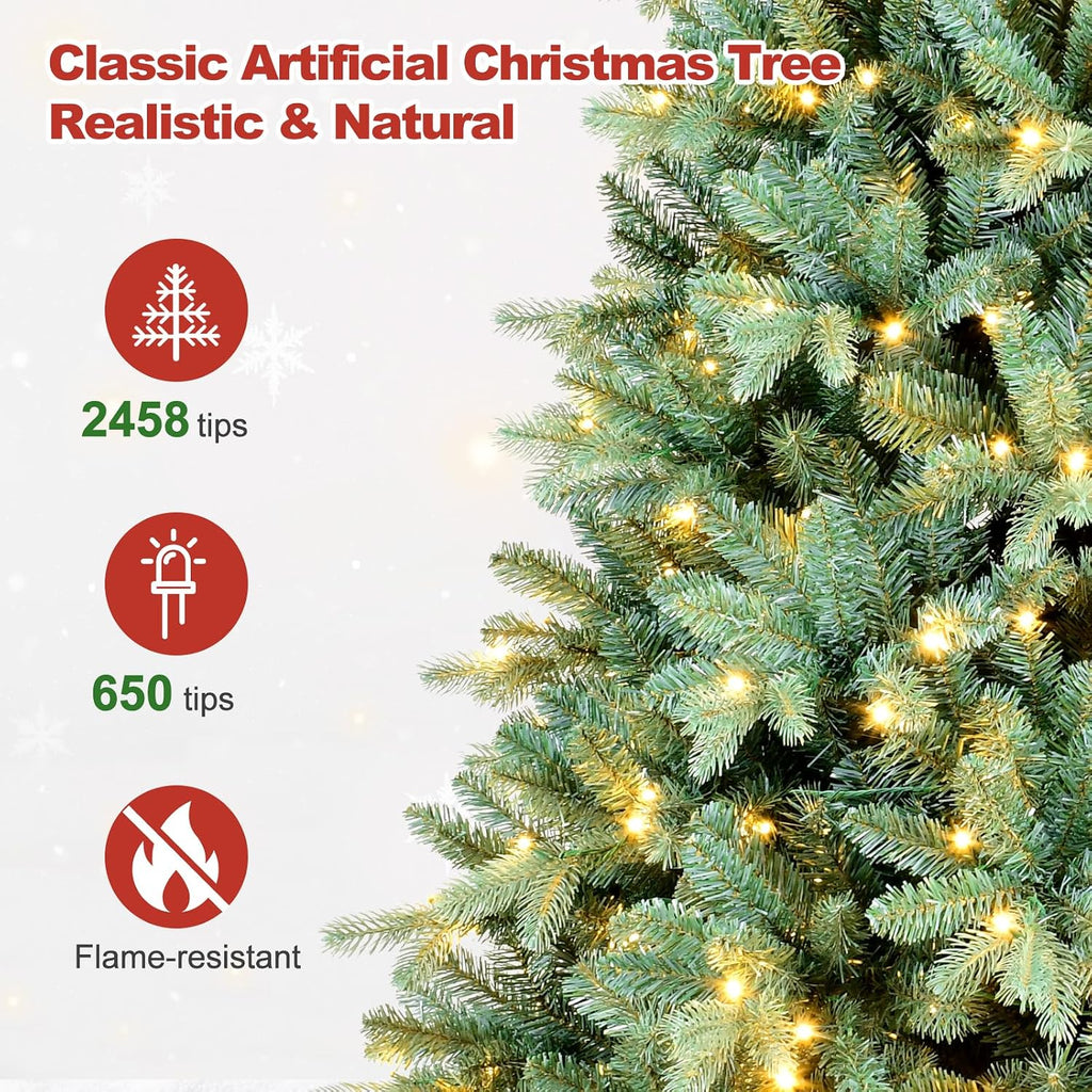 Pre-Lit Artificial Christmas Tree, w/ 650 LED Warm Lights, 2458 PE&PVC Mixed Branch Tips, Faux Xmas Tree , Party