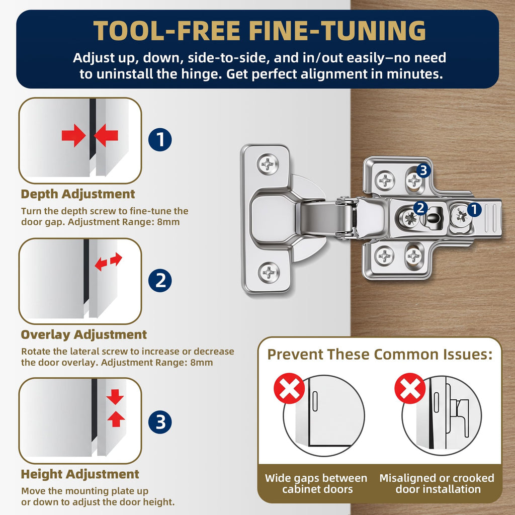 10 Pack Soft Close Inset Cabinet Door Hinges for European/Frameless Cabinet, 105 Degree Opening Angel, Stainless