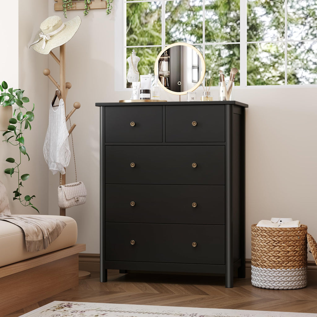 Black with 5 Drawers, Chest of Drawers, 5 Drawers | 29" W Modern Wood with Practical 2 Size Drawers, Space-Saving