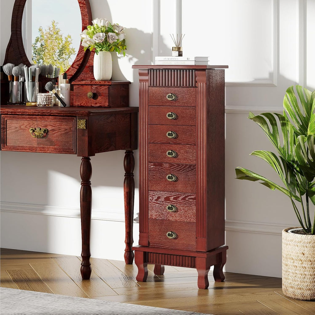 Standing Jewelry Armoire Cabinet, Wooden Storage Chest (Cherry)