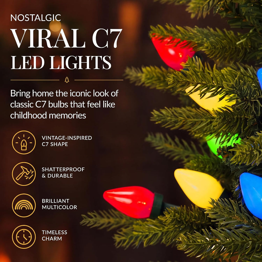 4.5ft Prelit Potted Pencil Christmas Tree w/ C7 LED Lights, Realistic Nostalgic Artificial Lighted Retro Holiday