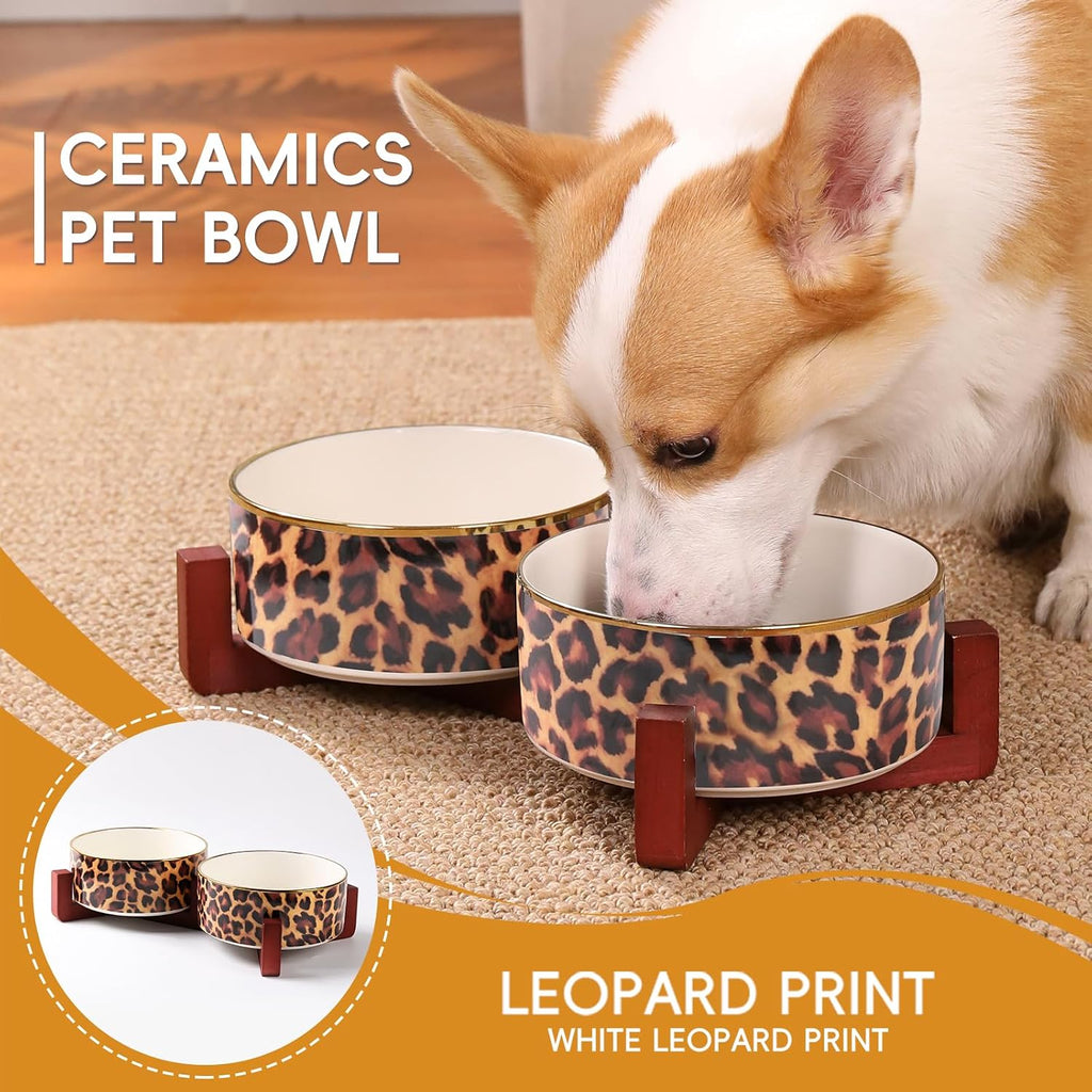 Ceramic Dog Bowl with Wood Stand, 4 Cups Dog Food and Water Bowl Set
