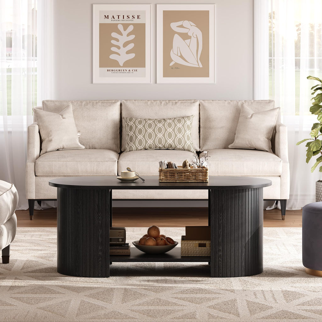 42" Oval Fluted, 2-Tier Center Table with Large Storage, Mid-Century Modern Wood, Small Space, Black