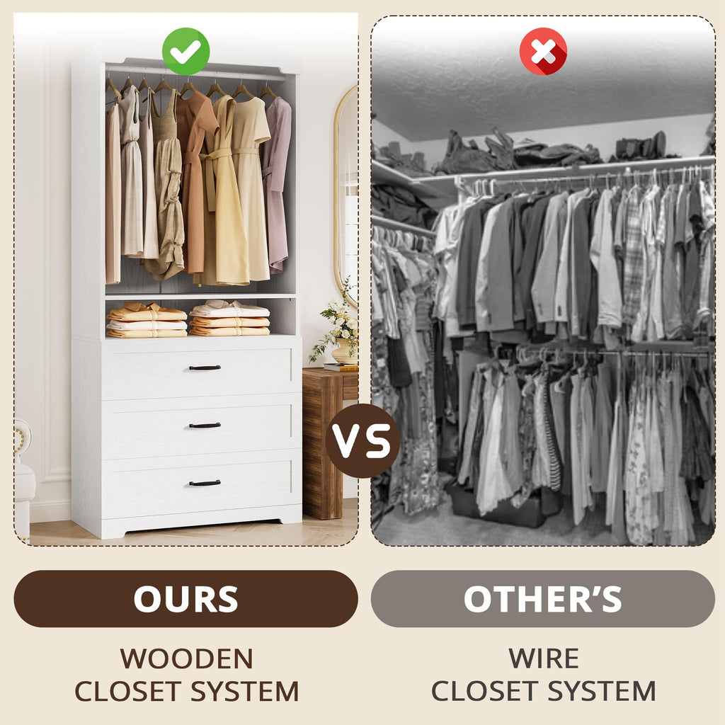 Freestanding Closet System with Adjustable Shelves & 3 Drawers