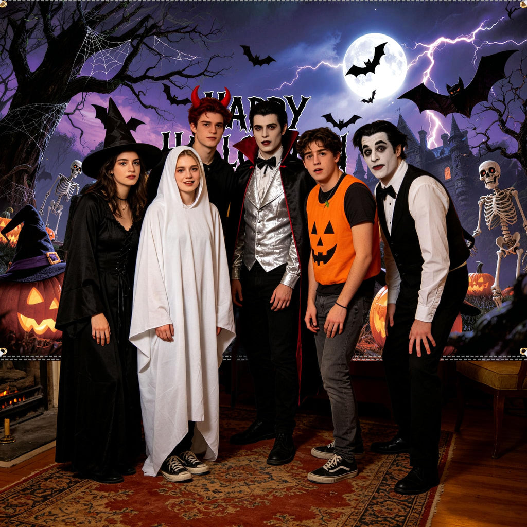 Happy Halloween Backdrop 10×6.5ft Halloween Banner with Stretchy Spider Web