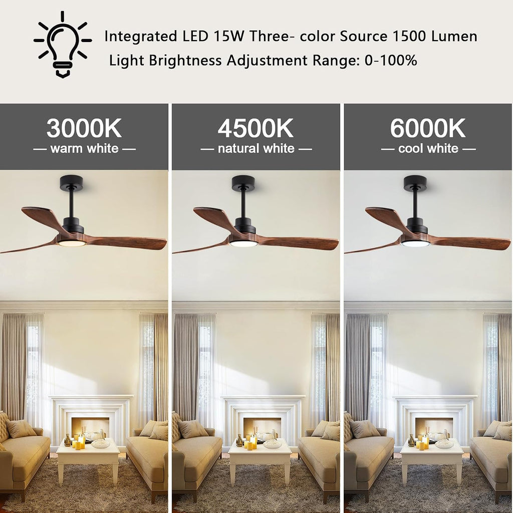 42-inch Ceiling Fan Light with Remote Control, Featuring 3 Wooden Blades, Reversible DC Motor, Timer Function