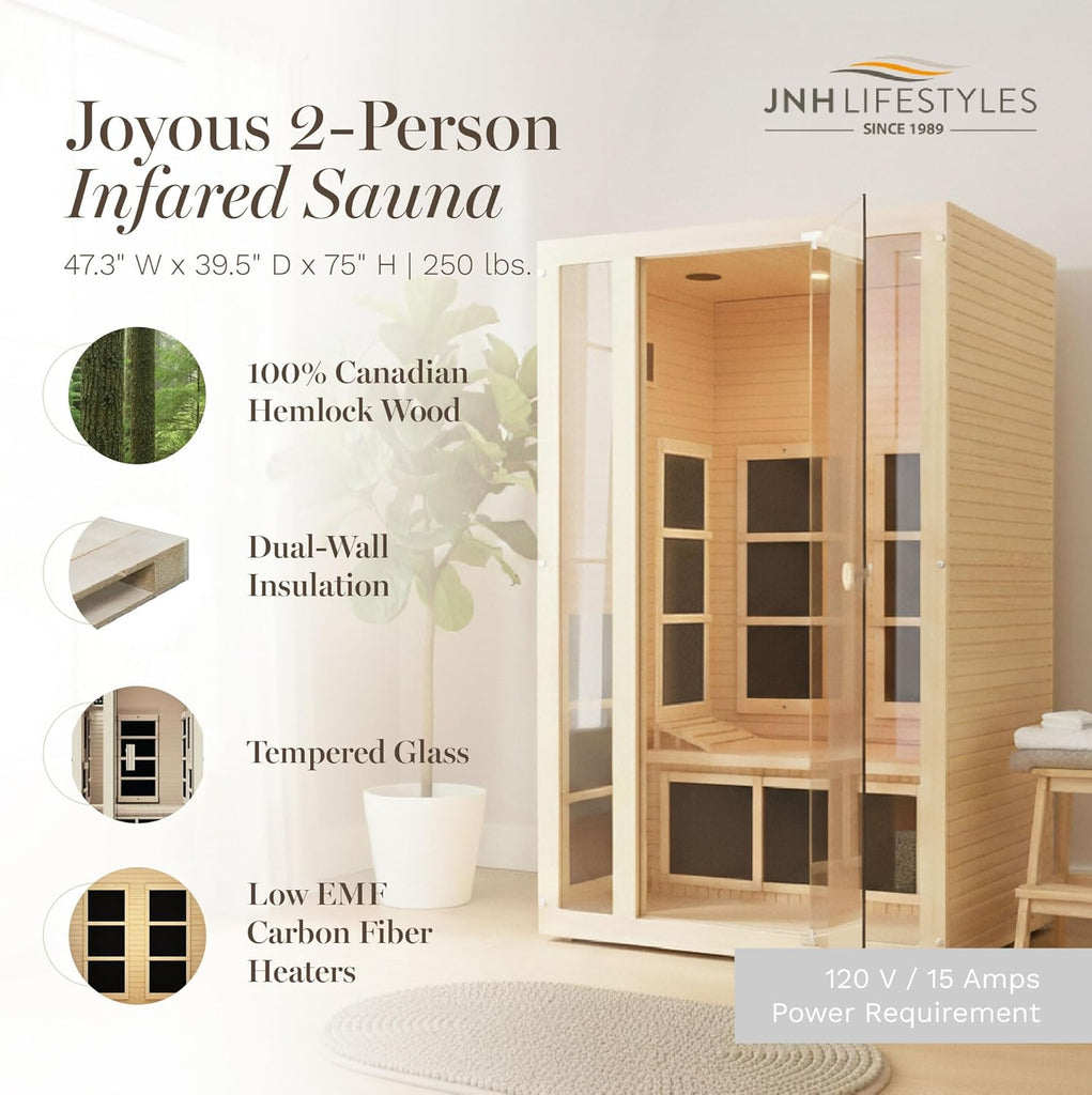 JNH Lifestyles Joyous 2-Person Low EMF FAR Infrared Sauna with Chromotherapy Light for Home Indoor Spa Use