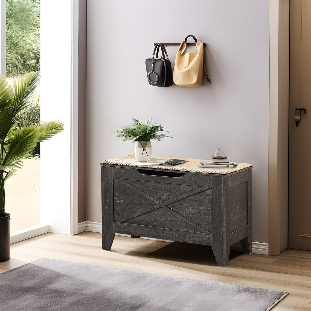 Storage Bench, Entryway Ottoman with Metal Safety Hinges Wicker-Knot Cushion, Shoe Bench for Storage Farmhouse