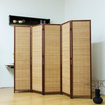 5-Panel Bamboo Room Divider - 5.6 ft Tall Brown Folding Privacy Screen, Double-Sided Freestanding Partition Wall with