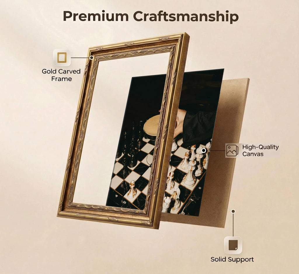 Vintage Gold Framed Martini Bar Wall Art, Moody Cocktail and Chess Canvas Print, Dark Espresso Martini Painting
