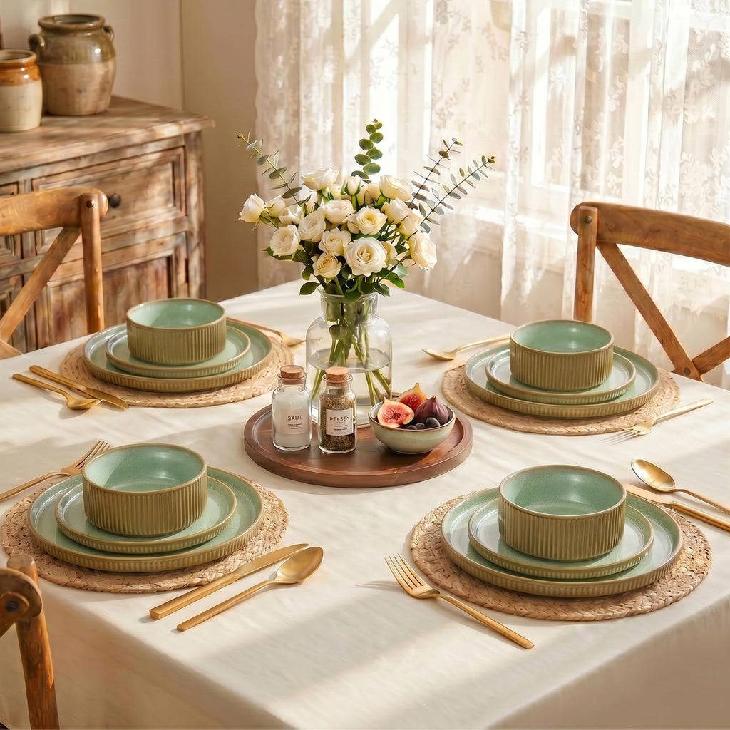 Fluted Ceramic Dinnerware Sets for 8, 32Pcs Non Toxic Stoneware Plates and Bowls, Scratch Resistant Dish, Oven &
