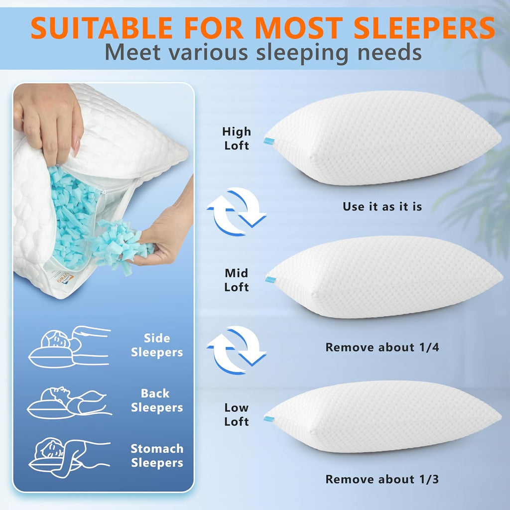 Cooling Pillows King Size Set of 2, Adjustable Memory Foam Pillows | Firm/Soft Cooling Bed Pillows for