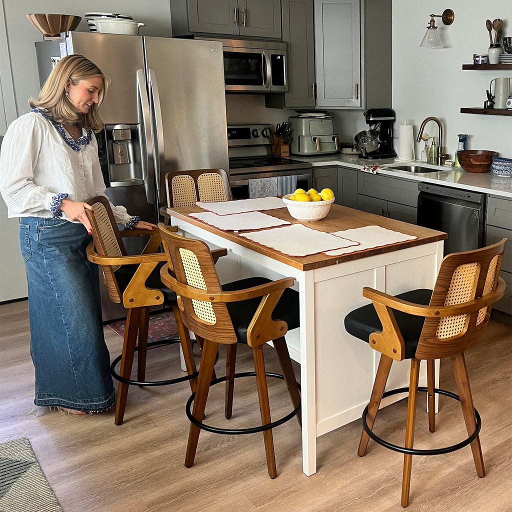 Mid Century Counter Stools, Rattan Swivel Counterstools with Walnut Finish