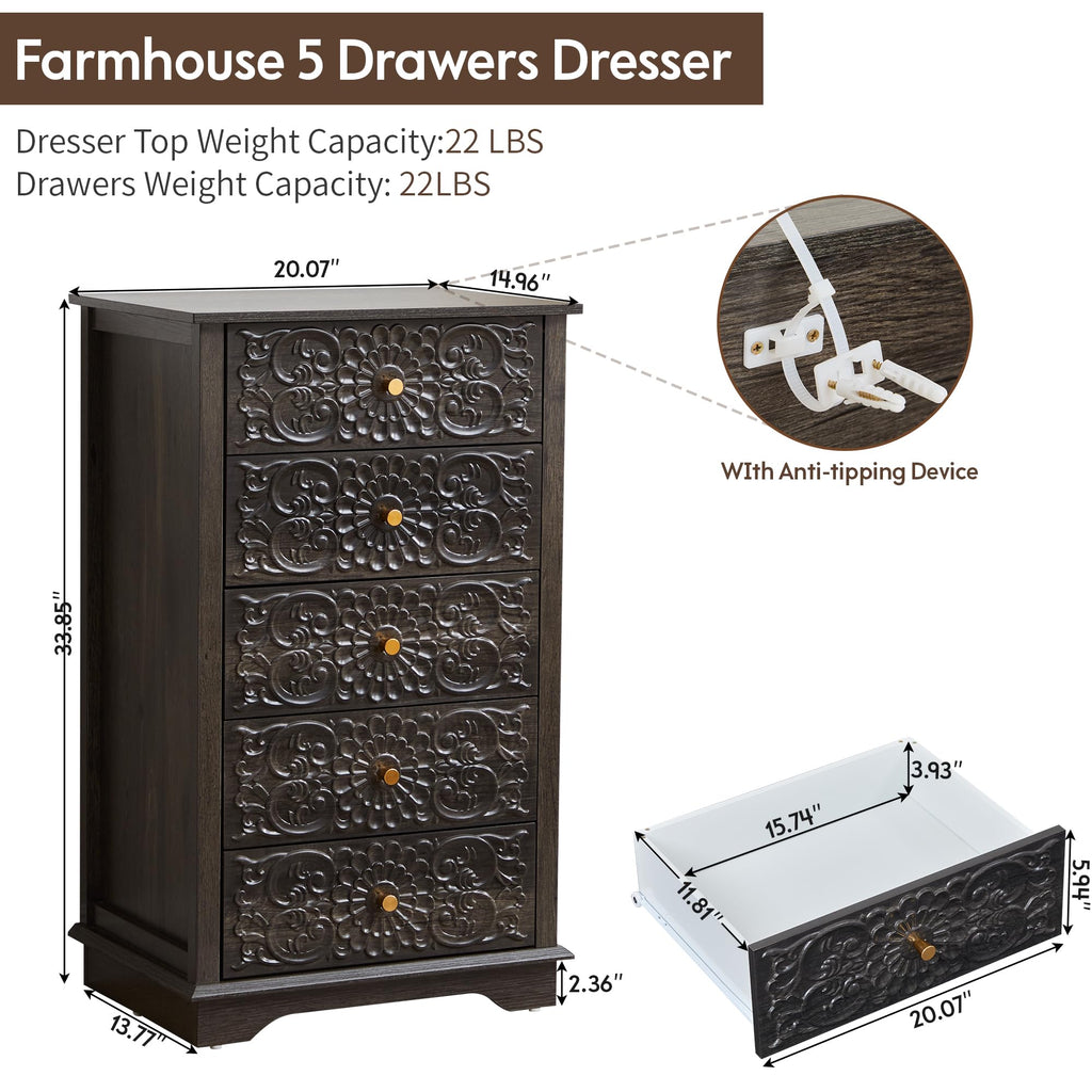 5 Drawer Dresser, 20"W Narrow Chest of Drawers, Black-Brown