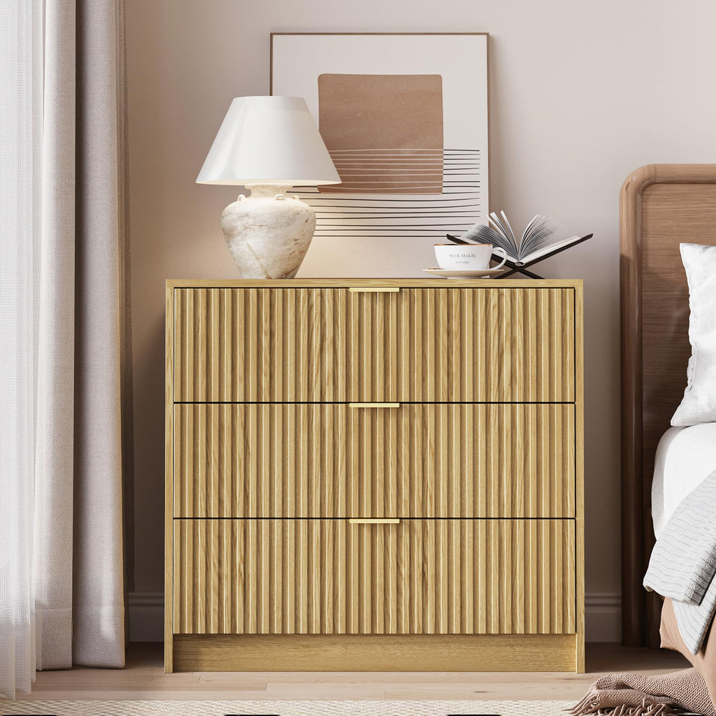 Fluted 3-Drawer Nightstand, 32"Wide Dresser, Natural