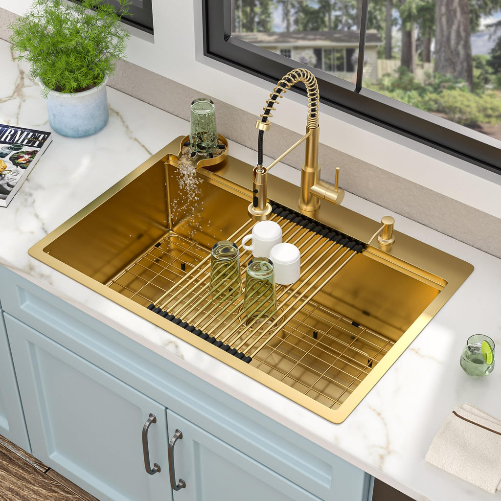 33"x22" Brushed Gold Drop Sink Ledge Workstation