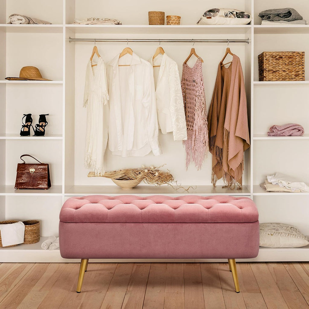 43in Ottoman Bench Velvet Storage End of Bed, Pink | Button-Tufted Ottoman Bench with Tapered Gold Metal Legs, 1.9C