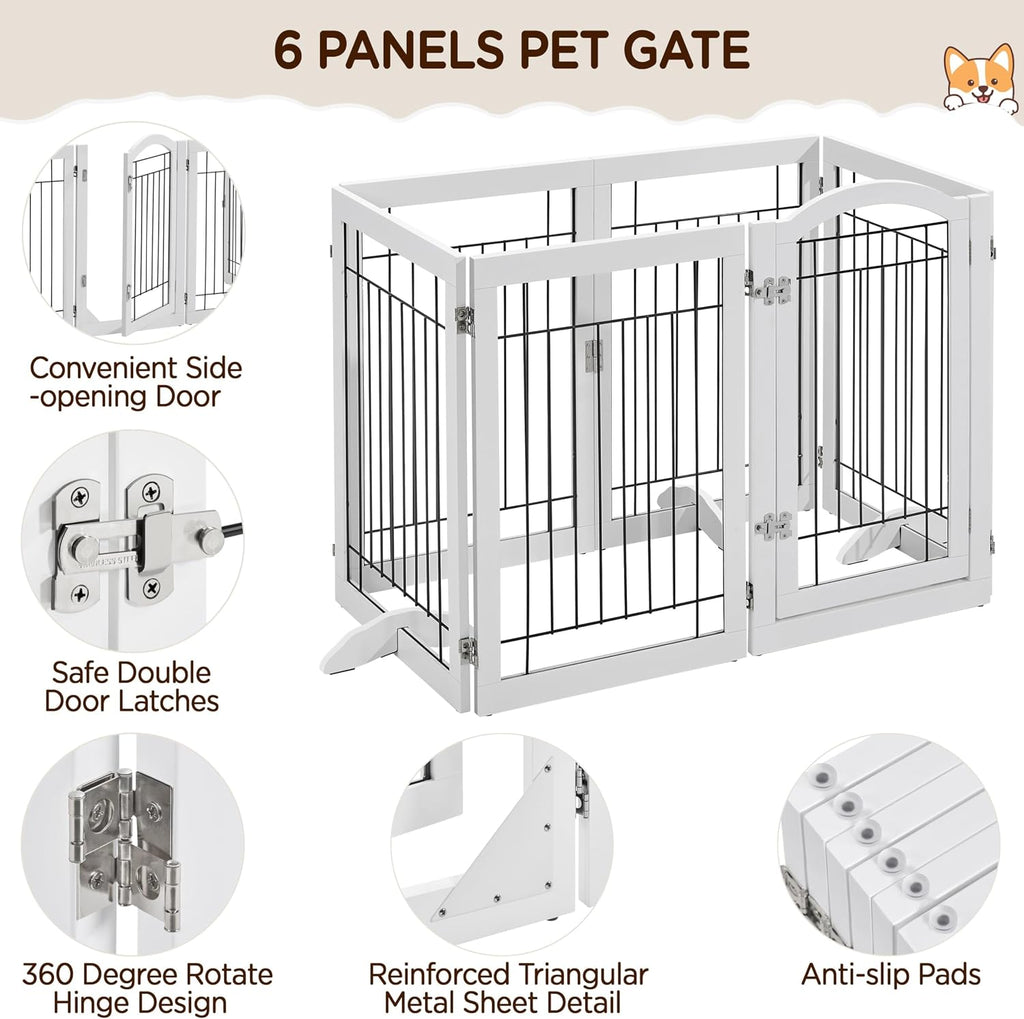 32-inch Tall Dog Gate with Door Extra Wide Pet Gate for Dogs, Foldable Wire & Wooden Puppy Safety Fence w/3 Support