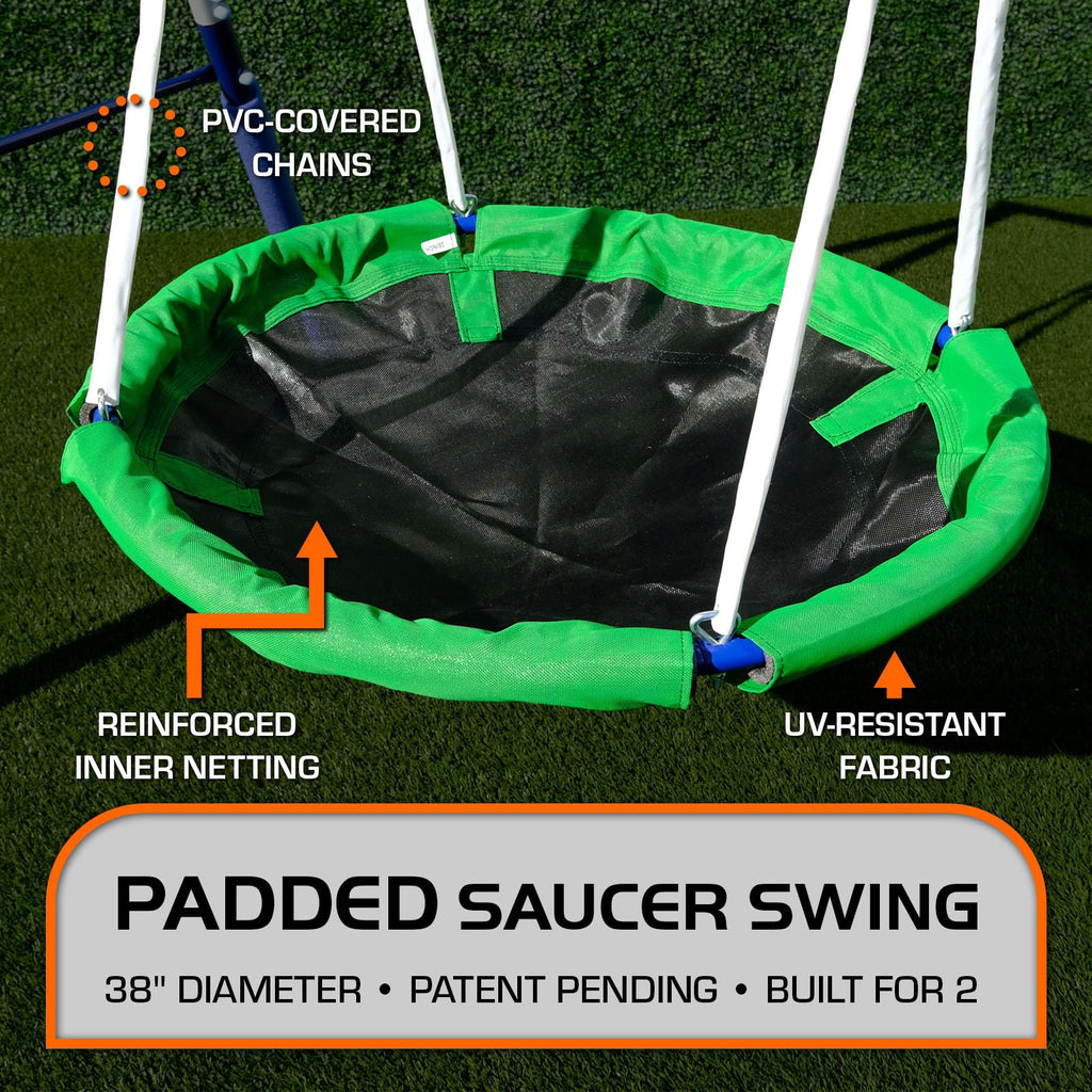TSC Malibu Swing Set for Kids, Outdoor Metal Playset with 5ft Slide, 38" Saucer, Surfboard Swing, Standing &