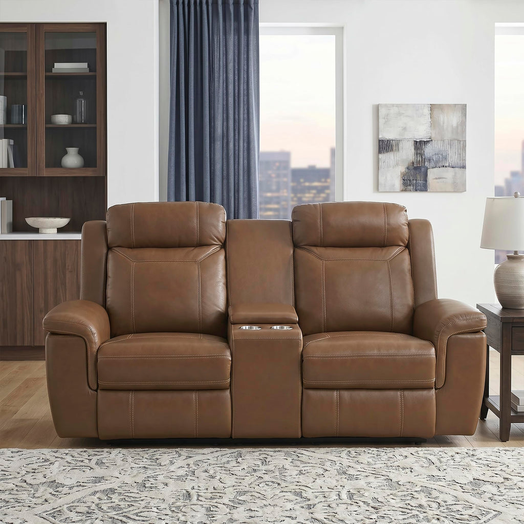 Top Grain Leather Match Manual Double Reclining Loveseat with Storage Console, Wall Hugger, Cup Holders, Power