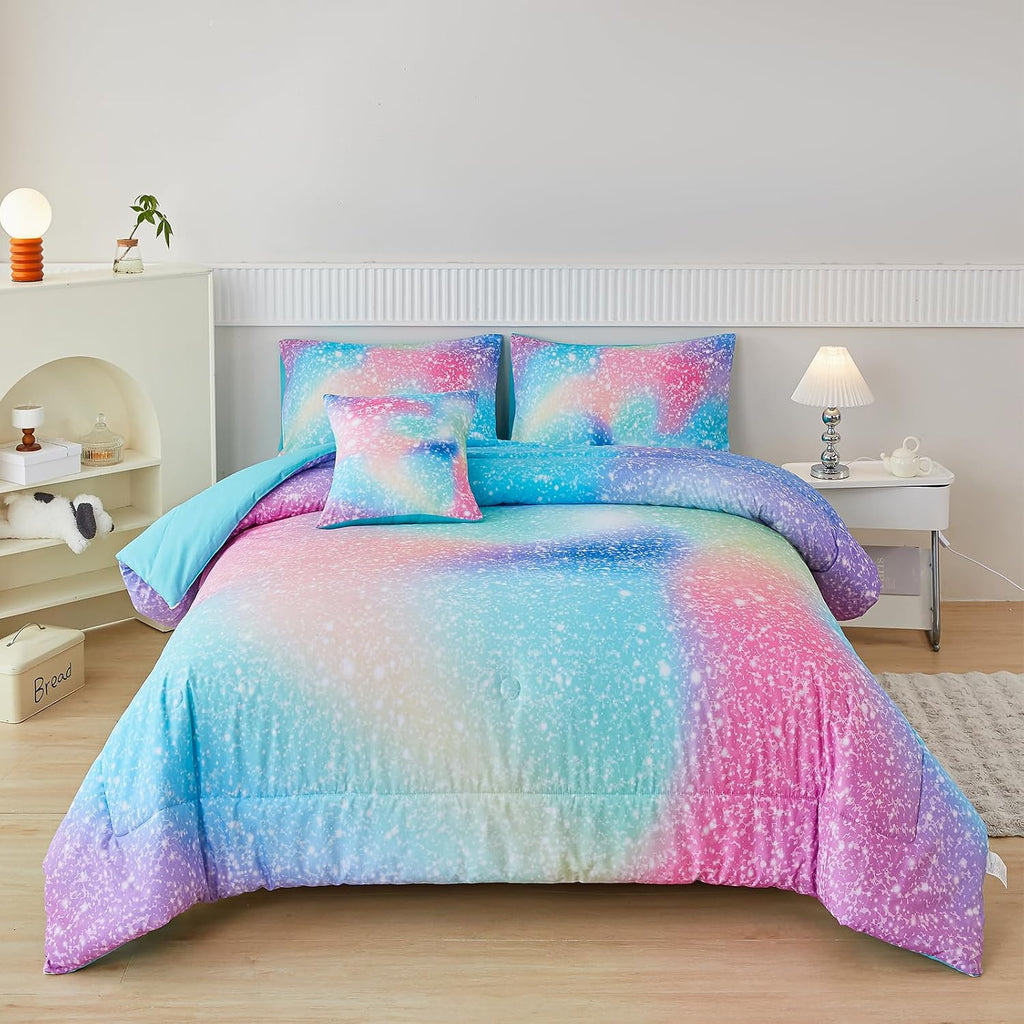 Pink Green Girls Twin Comforter Set, 6 Pieces Colorful Rainbow Kids Bedding Sets, Tie Dye Ombre Glitter Bed in A Bag