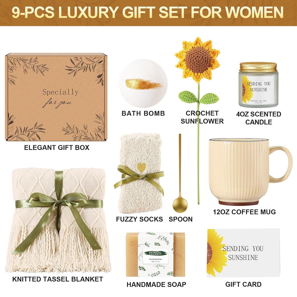 Self Care Gifts for Women Birthday Gift Basket, Sending Sunshine Care Package Get Well Soon Spa Gift Basket, Thinking - Set of 9