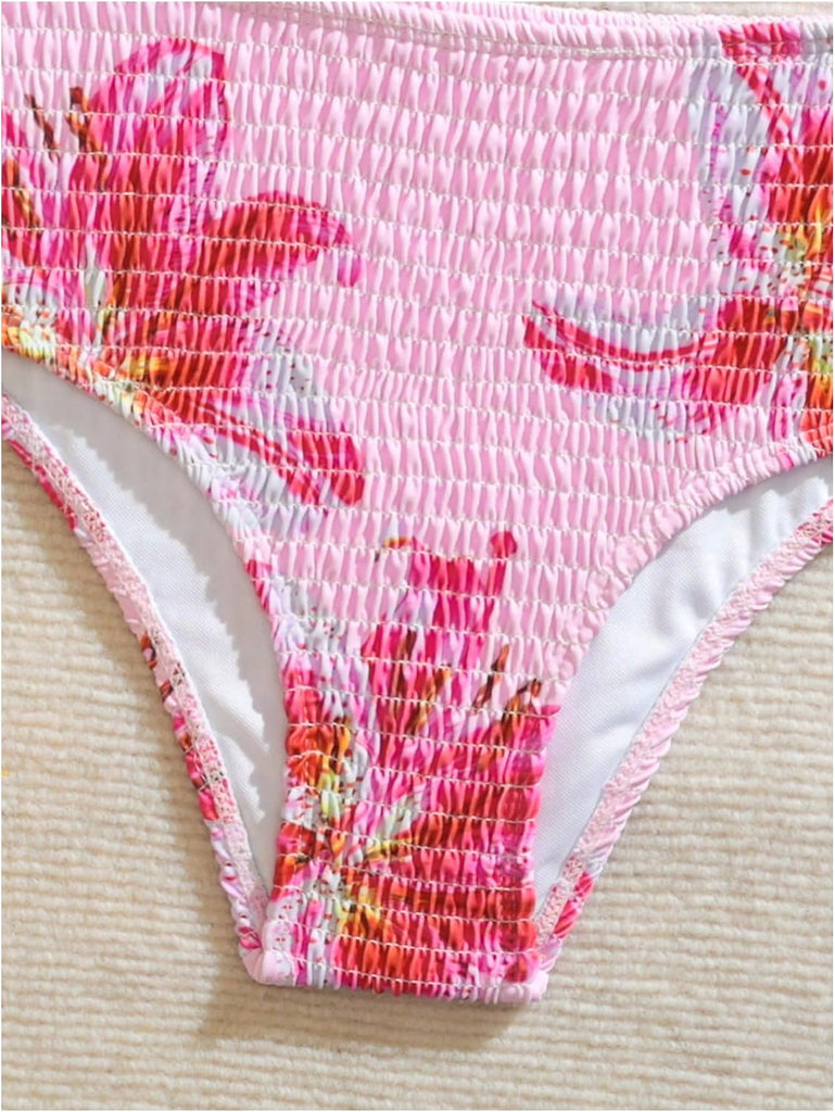 Girl's 2 Piece Floral High Waisted Swimsuit Smocked Bathing Suit