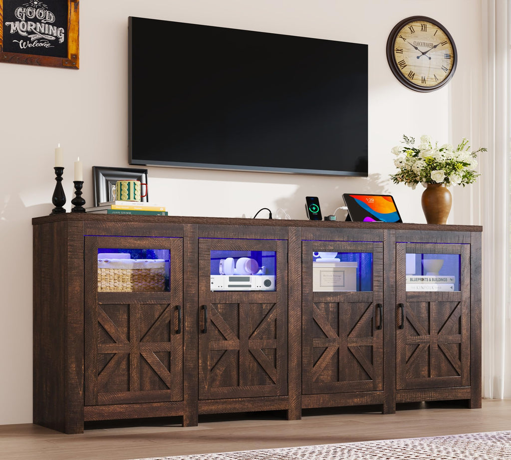 74" Large LED Farmhouse TV Stand for 80/75/70 Inch TVs with Power Outlets, Tall Entertainment Center Storage