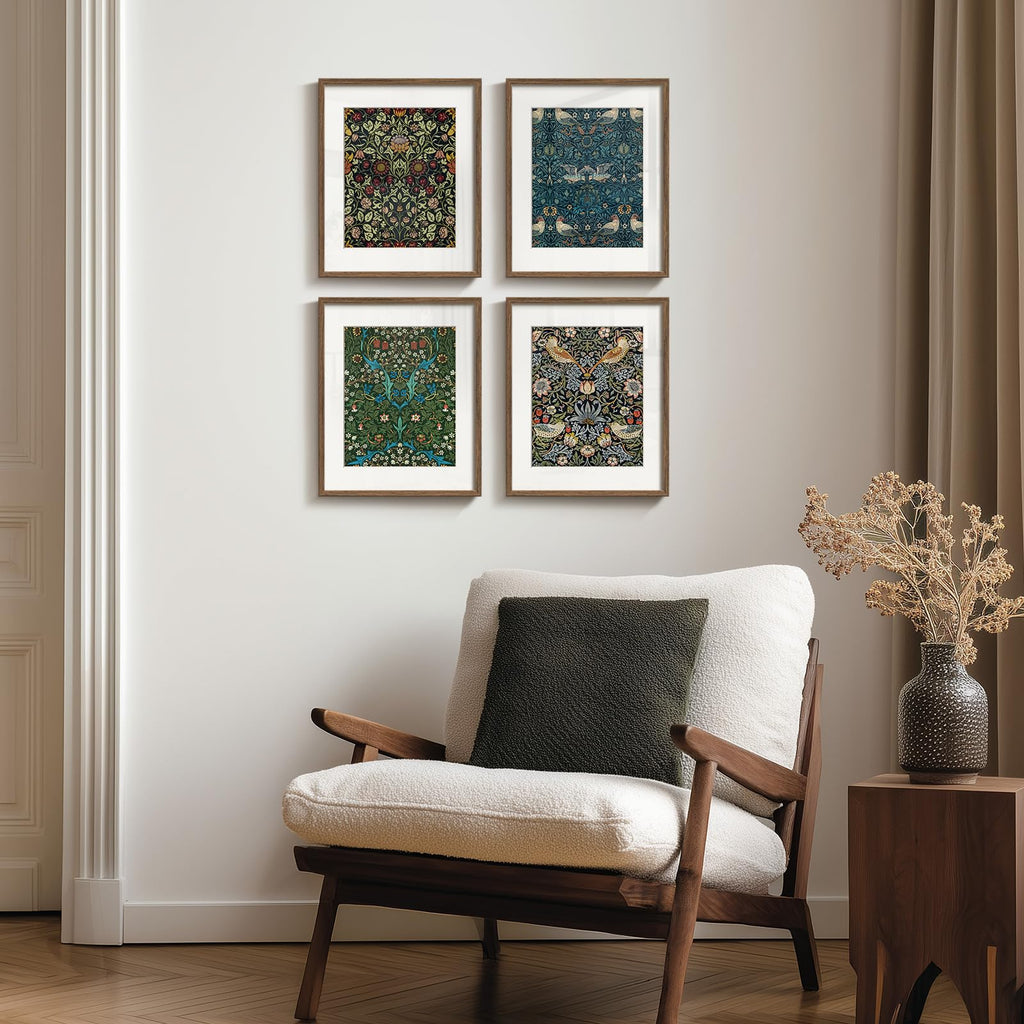 Framed William Morris Canvas Wall Art, 4 Piece Vintage Botanical Floral Bird Wall Art Decor, Retro Strawberry Thief