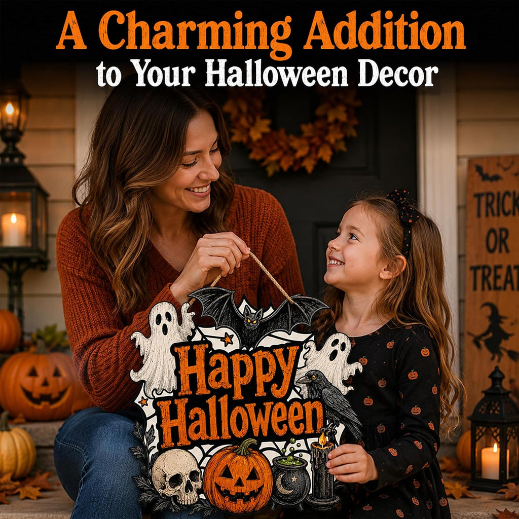 Halloween Door Decoration Sign, Halloween Pumpkin Bat Witch Wreath Front Door Hanger, Spooky Wooden Sign Outdoor