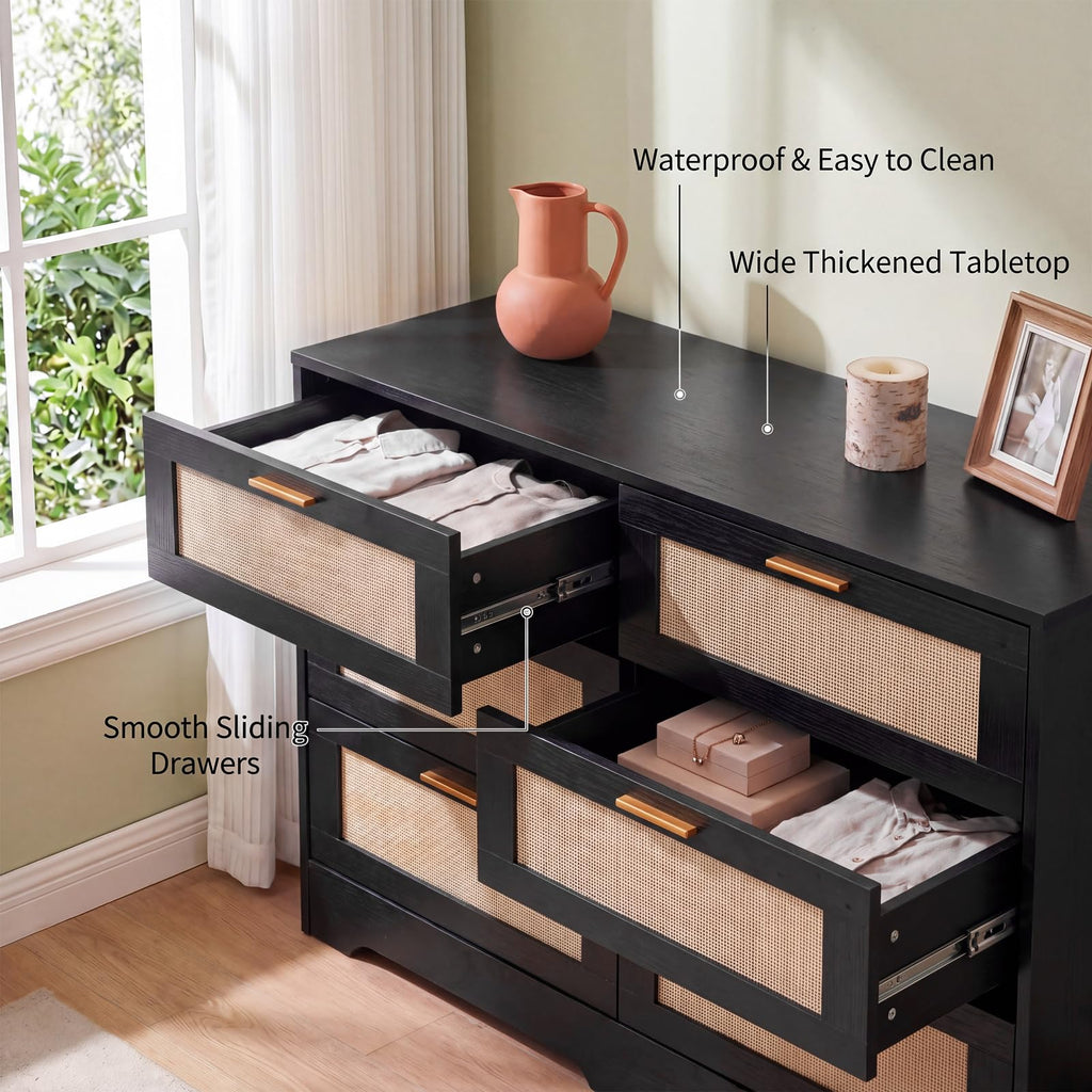 Dresser 6 Drawer Dresser Bedroom Furniture Storage Living Room Hallway, High Weight Capacity 300lbs, Imitation Rattan