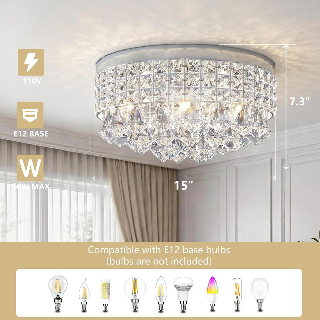 4 Lights Crystal Chandelier, Modern Drum Ceiling Light Fixture Lamp, Raindrop Flush Mount Round Metal Shade, for