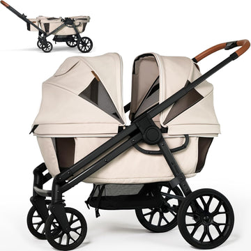 Lightweight Wagon Stroller for 2 Kids, Foldable All-Terrain, Khaki