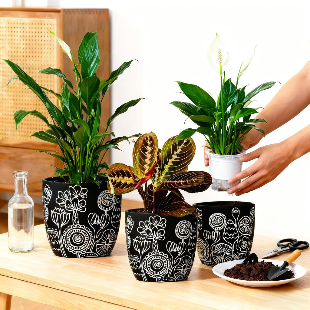 Terracotta Pots, 6.5+5+4.4 Inch Plant Pots with Drainage Hole- Floral Pattern, Black Boho Ceramic Planters for Indoor