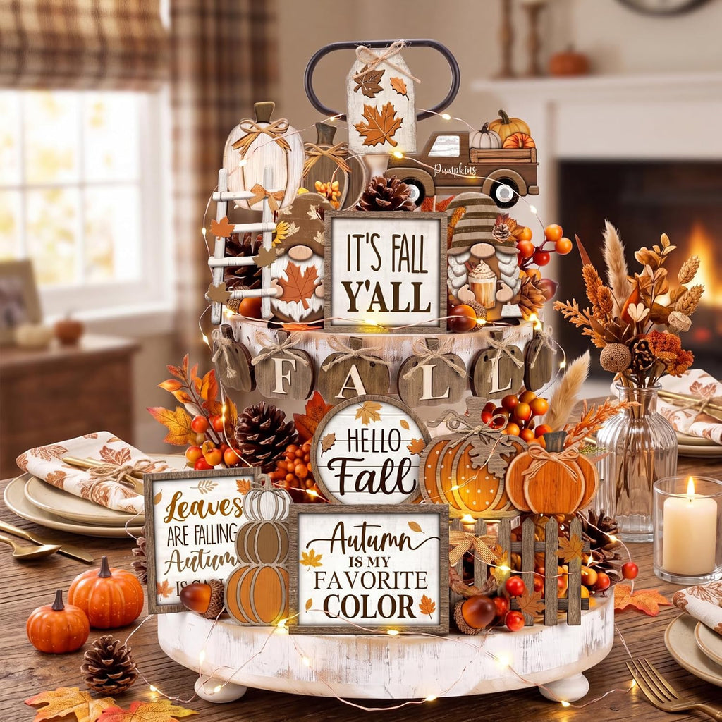 Fall Tiered Tray Decor Set, Thanksgiving Wooden Table Sign - Set of 20