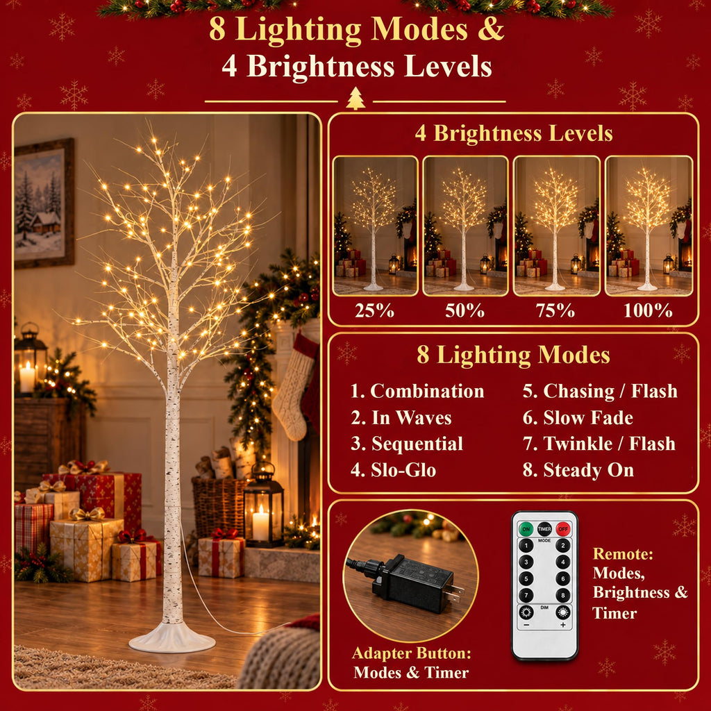 Lighted Birch Tree Set of 3, 464 LEDs Warm White Christmas Tree 4 FT 6 FT 8 FT with Timer, 8 Modes & 4 Brightness