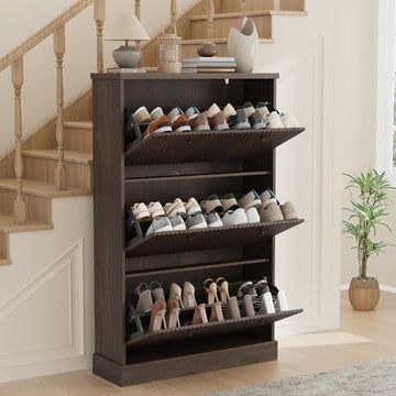 Fluted Shoe Cabinet Storage with 3 Flip Drawers, Wooden Fluted Narrow Shoe Organizer with Adjustable and Removable