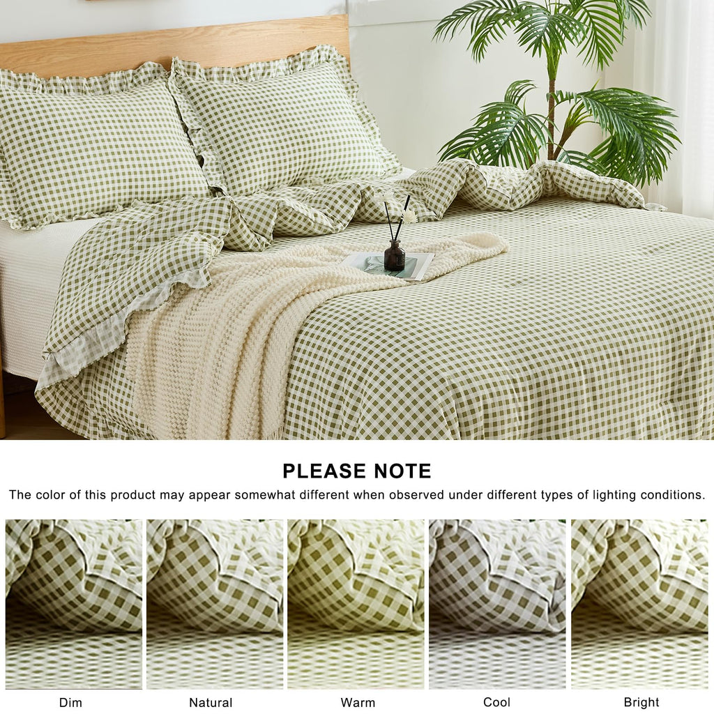 Ruffle Gingham Comforter Set Sage Plaid Farmhouse Bedding