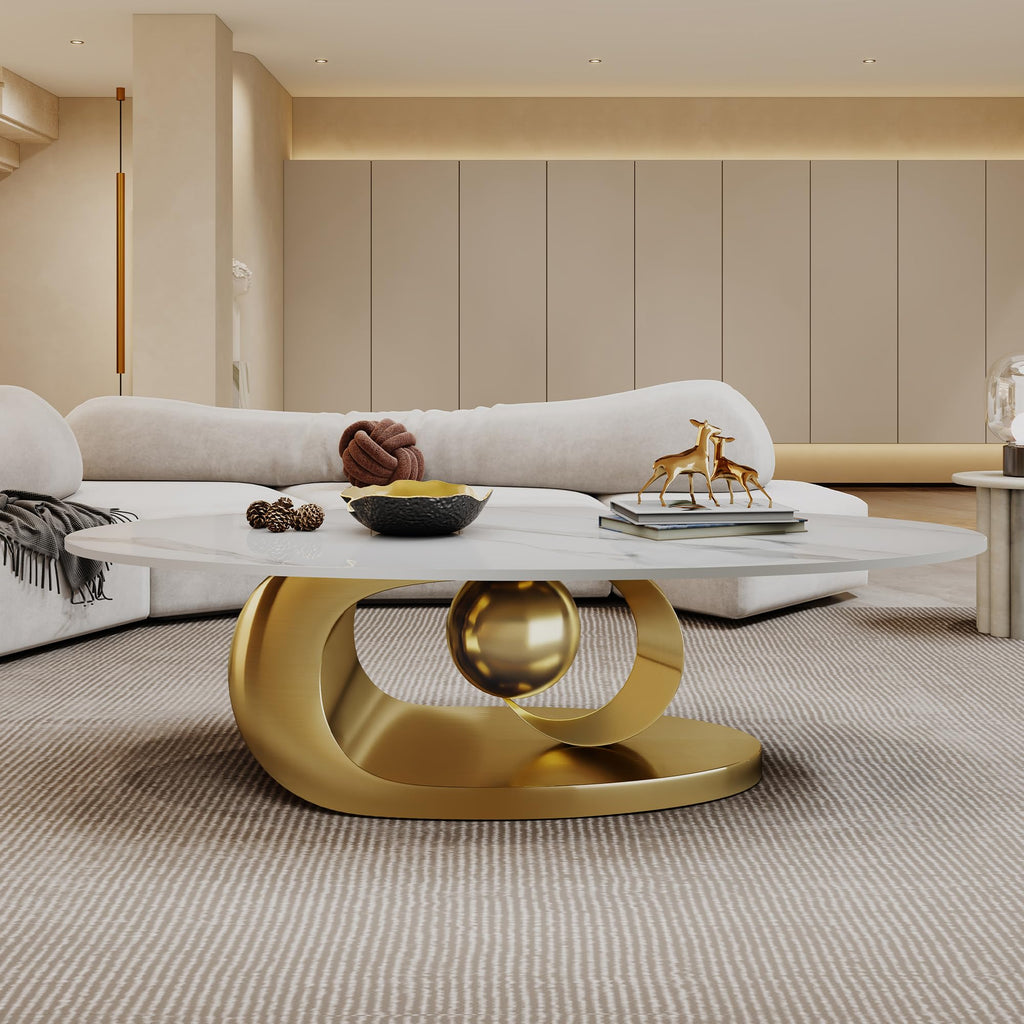 Modern Coffee Table with Gold Stainless Steel Pedestal, Oval