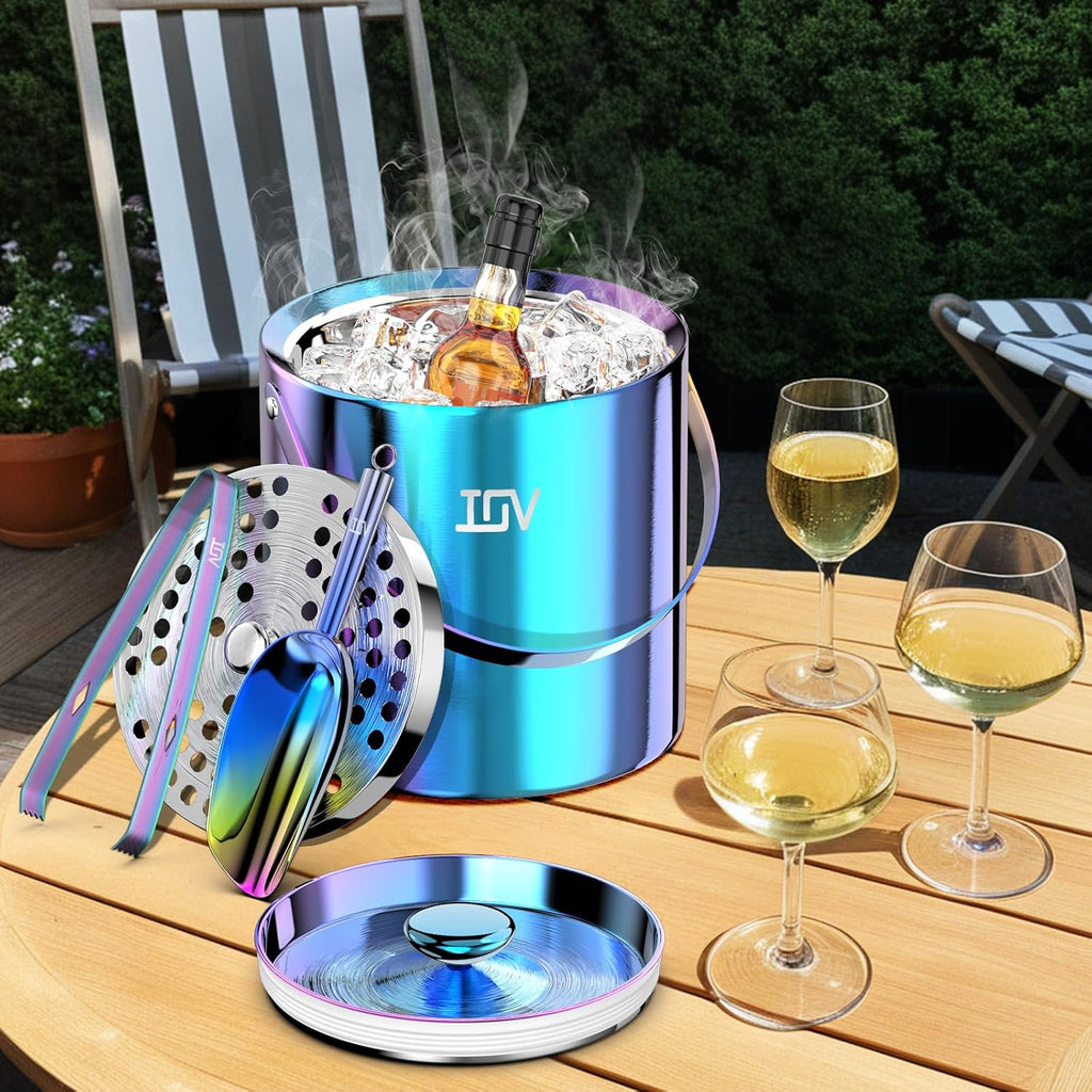 Ice Bucket with Lid, Scoop, Tongs, and Strainer, 3 L Stainless Steel Double Wall Insulated Ice Bucket for Parties