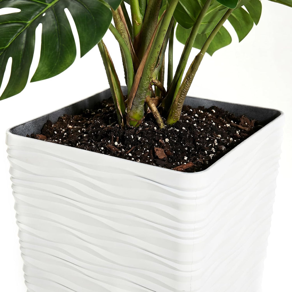 22" Tall Planters Set of 2 - White Square Plant Pots with Drainage Hole - Modern Large Tapered Matte Wavy Tree Flower