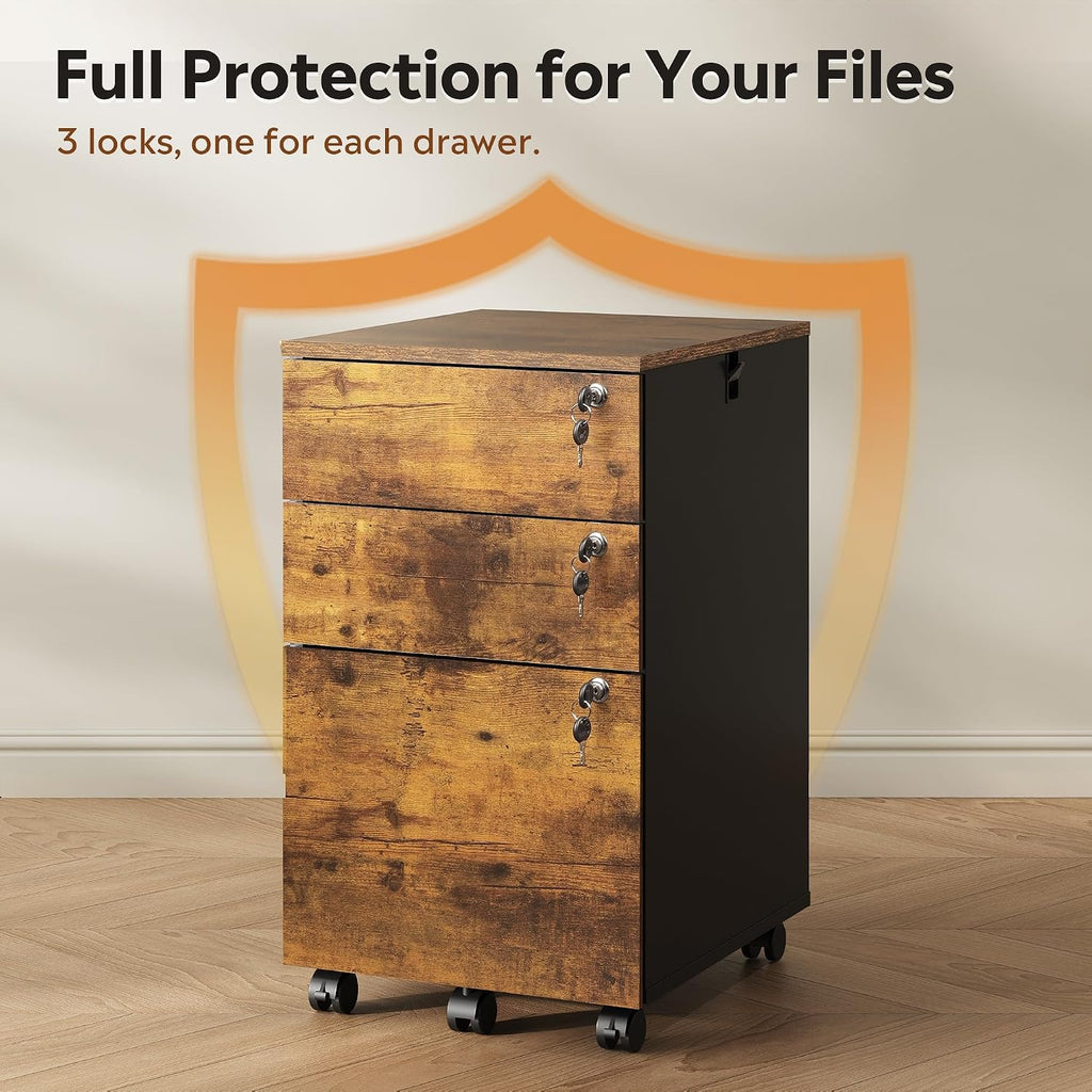 3 Drawer Wood File Cabinet with Individual Locks, Rustic Brown | Mobile Printer Stand with Wheels, Wood Filing