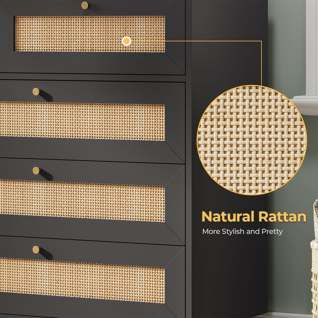 Black Rattan Dresser with 9 Drawer, Modern Double Wooden Long Bedroom Dresser, Chest of Drawers with Metal Handle &
