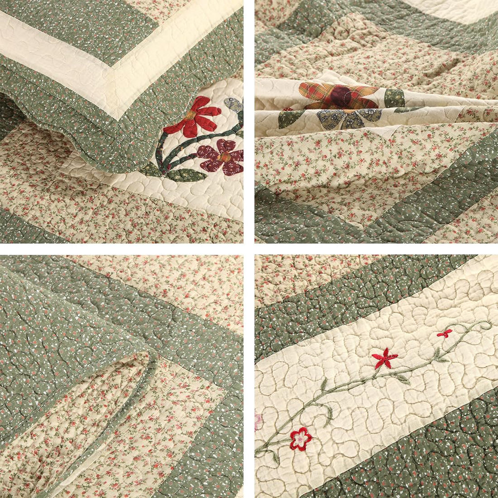 Farmhouse Green 3 Piece Embroidered Floral Quilted Bedspread Quilt Set 100% Cotton Reversible Patchwork Coverlet Set