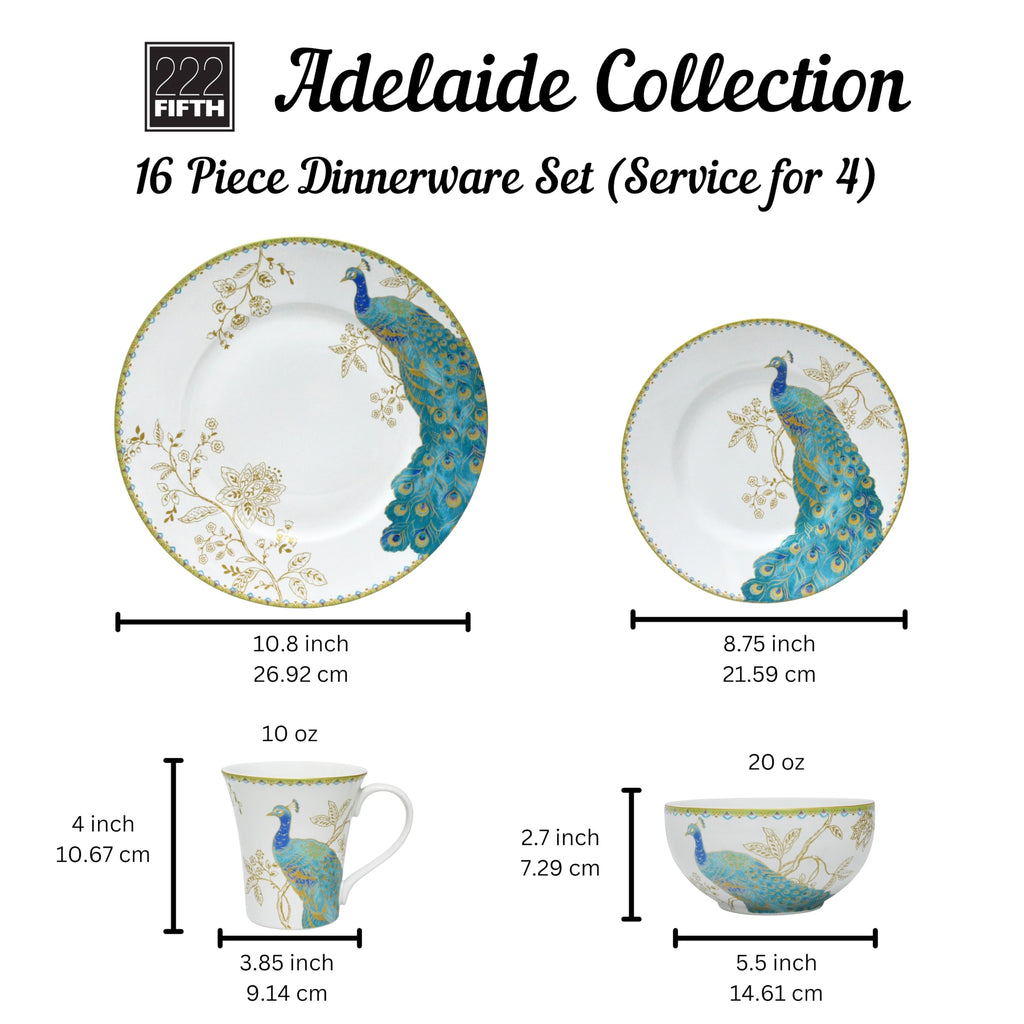 16-Piece Porcelain Dinnerware Set for 4, Elegant Plates and Bowls Sets-White, Teal, Gold Ceramic Dishes, Chip Proof