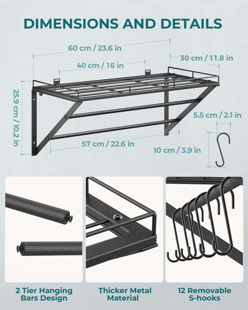 23" Pot Rack Wall Mounted, Pot Organizer with 2 Tier Hanging Rails