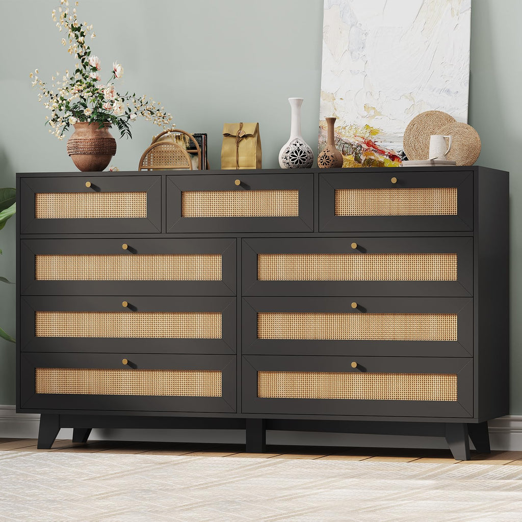 Black Rattan Dresser with 9 Drawer, Modern Double Wooden Long Bedroom Dresser, Chest of Drawers with Metal Handle &